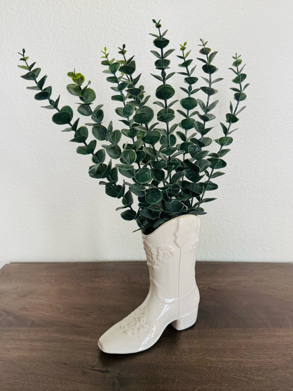Cowboy Boot Ceramic Vase with Eucalyptus Plant Greenery